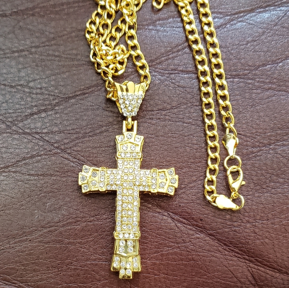 Gold Tone CZ Cross Pendant Necklace - Picture 5 of 6